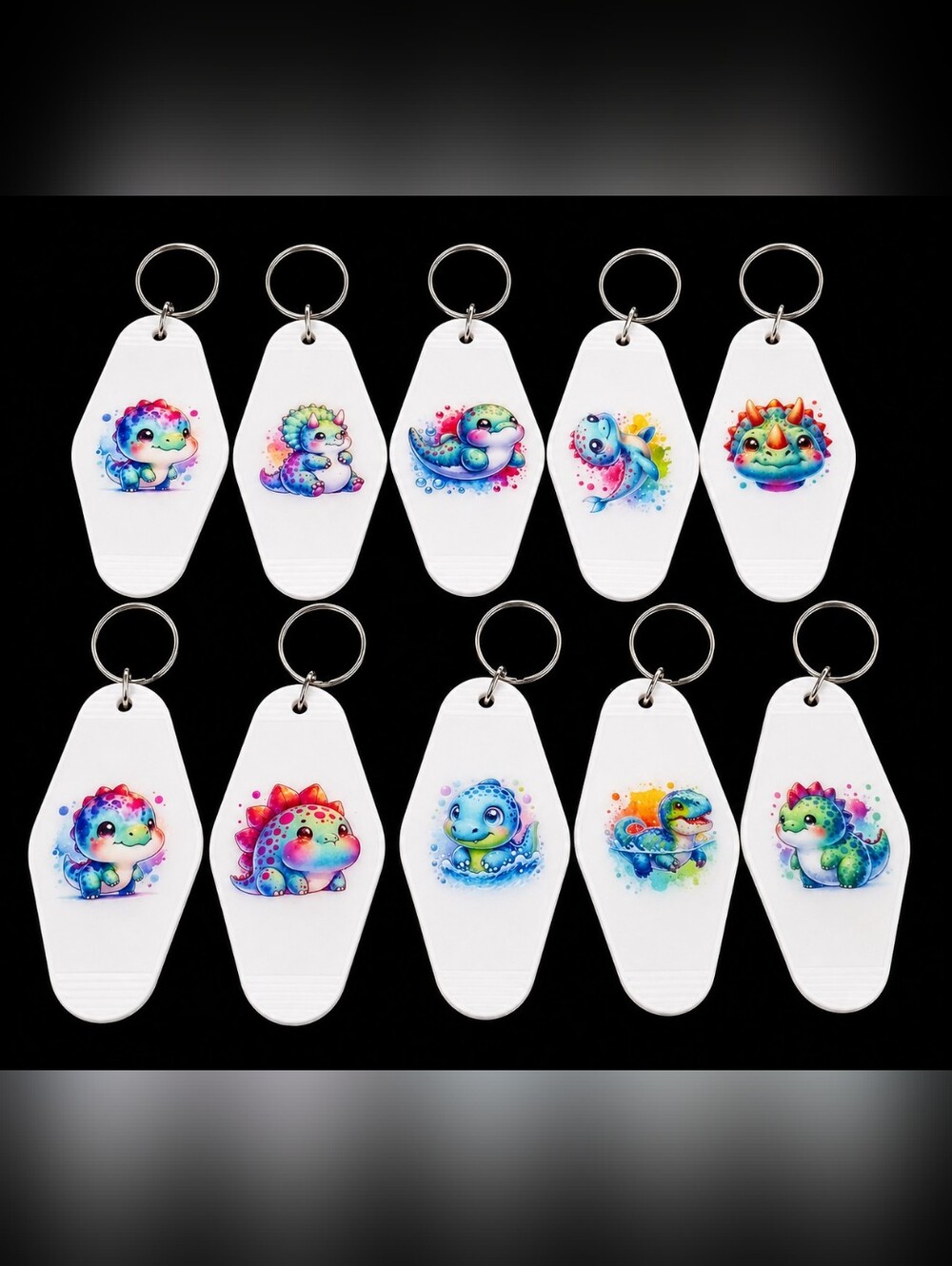 Handmade Cute Dinosaur Motel Keychain Set of 10 Kawaii Resin DTF Art Key Tags - Picture 1 of 3